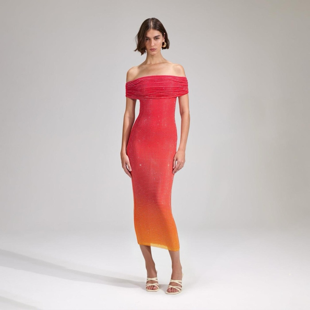 NWT Self Portrait Dress Rhinestones Mesh Off Shoulder Midi 4